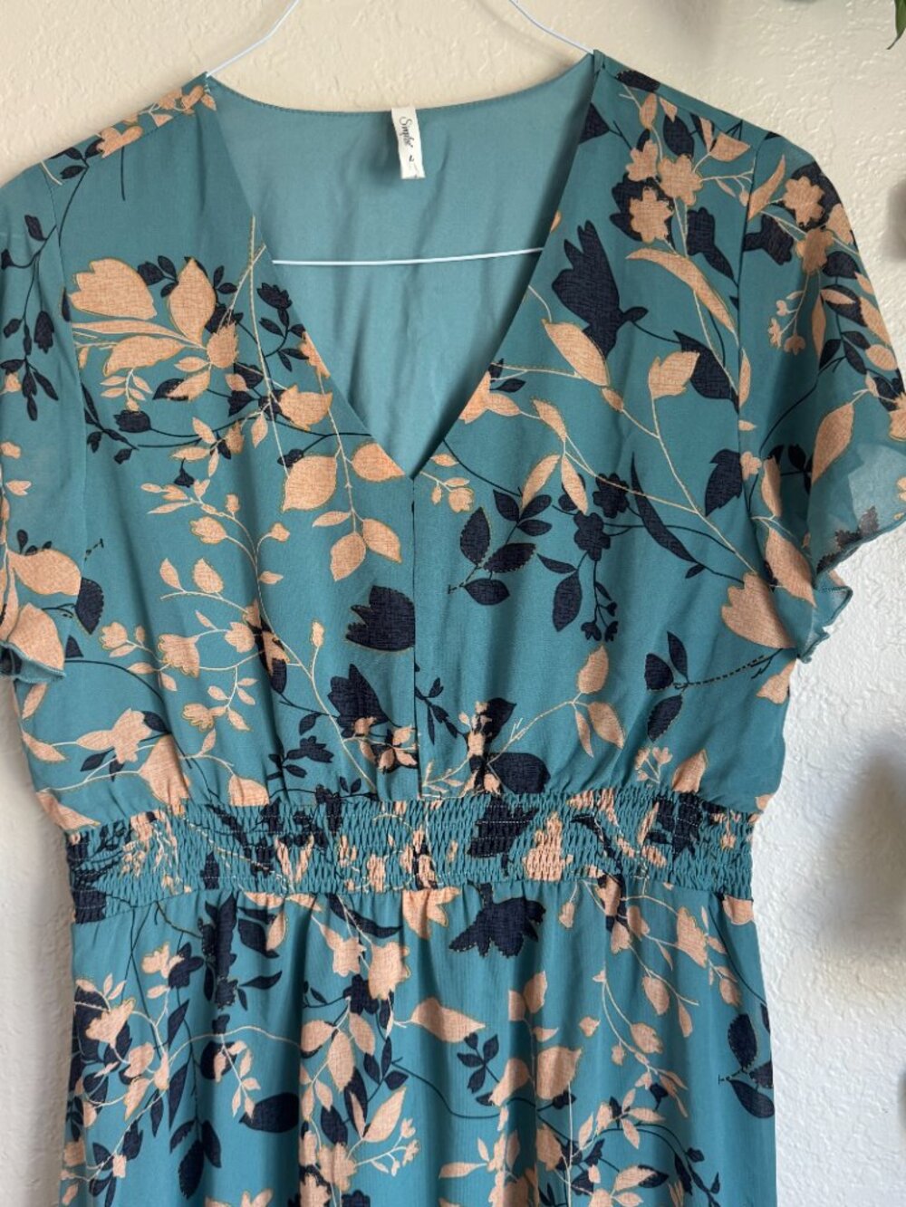 Simplee Teal Floral Midi Dress Women’s Large Smocked Waist Flutter Sleeve - Picture 3 of 5